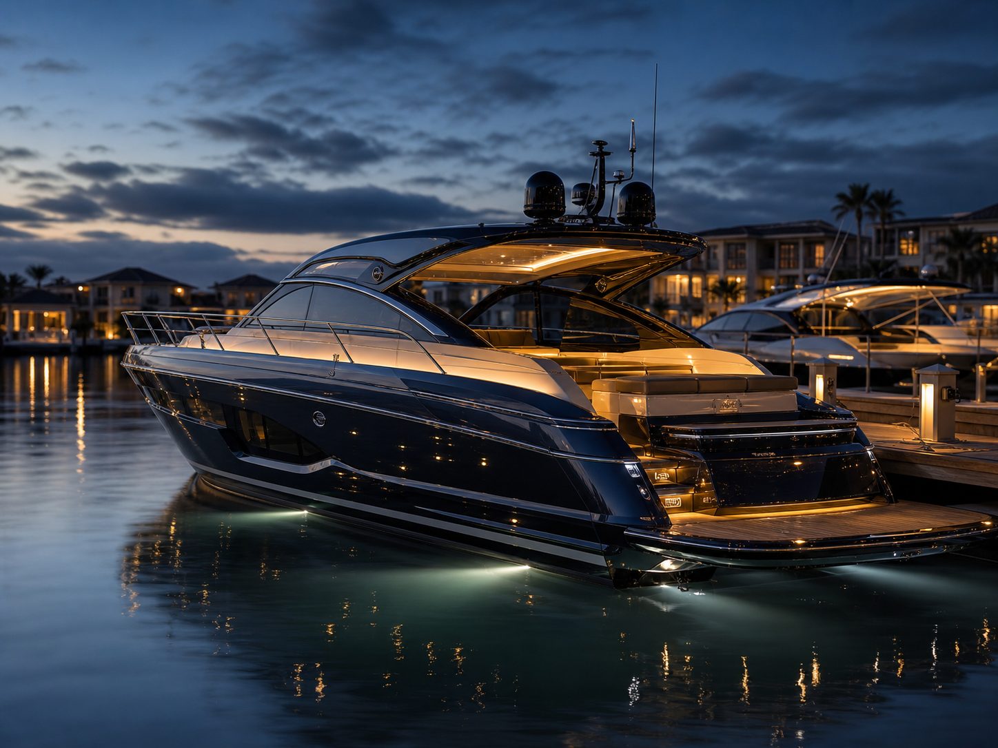 Luxury motorboat moored in a marina at dusk with polished deck and calm water reflections