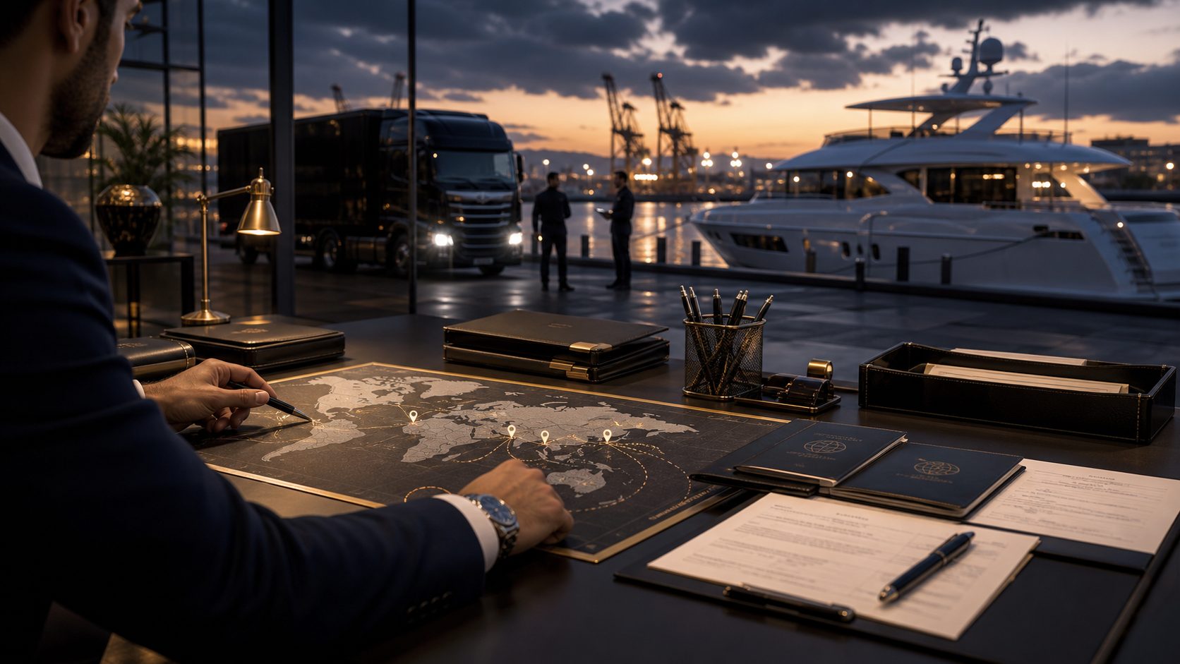 International yacht export and port delivery planning with map, documents and marina lighting