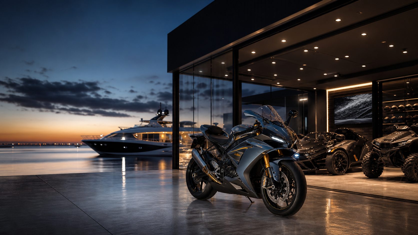 Premium dealership showroom with luxury motorcycles, yacht marina lighting and metallic architectural details