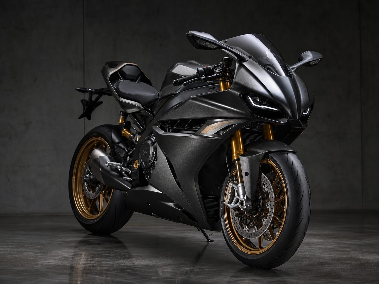 High-end sport motorcycle photographed in a dark professional studio with metallic reflections