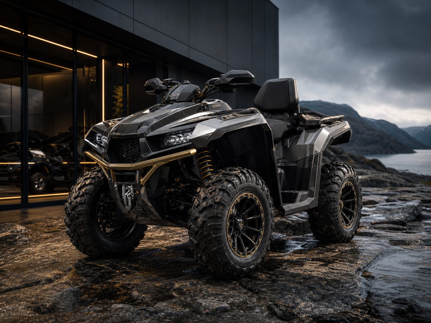 Performance quad ATV staged on refined outdoor terrain with premium showroom lighting
