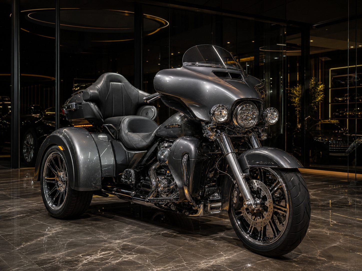 Luxury trike front angle in a premium showroom with glass and chrome details