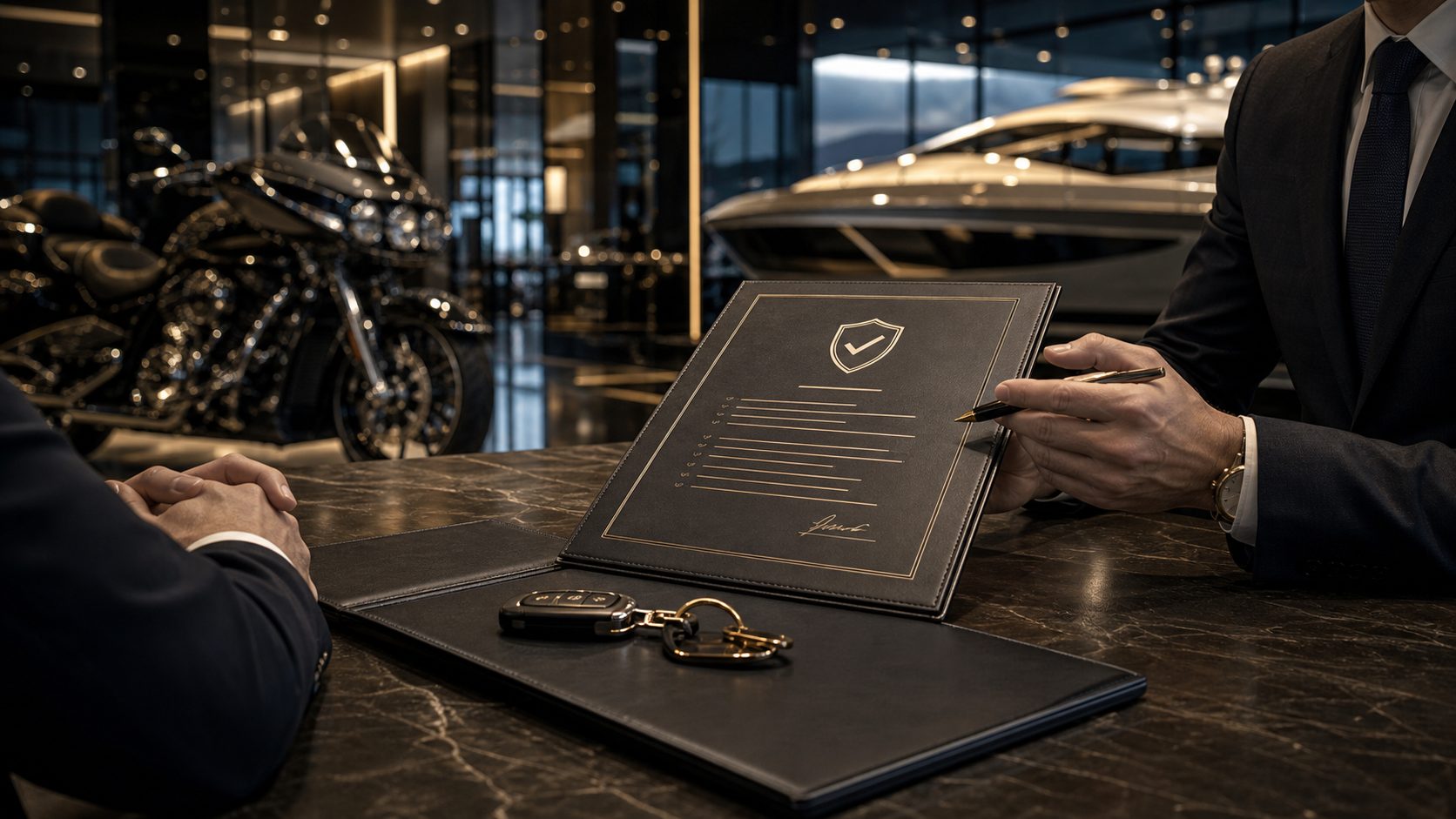 Covered motorcycle delivery and yacht port handover in a premium marina setting